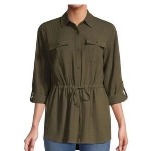 Calvin Klein Army Green Crepe Button-Down Tunic Top Gauzy Tie Waist Camping